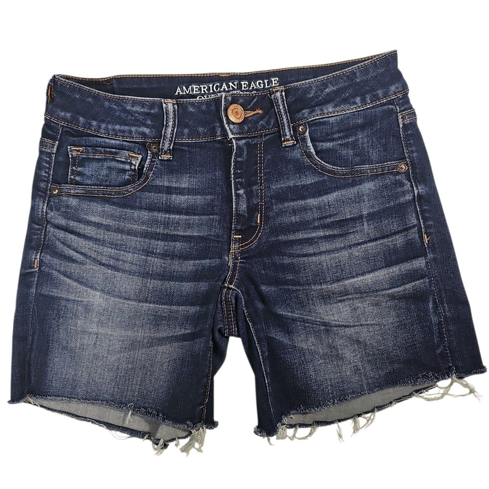 American Eagle Midi Shorts Super Super Stretch Raw Hem Denim Womens Size 6